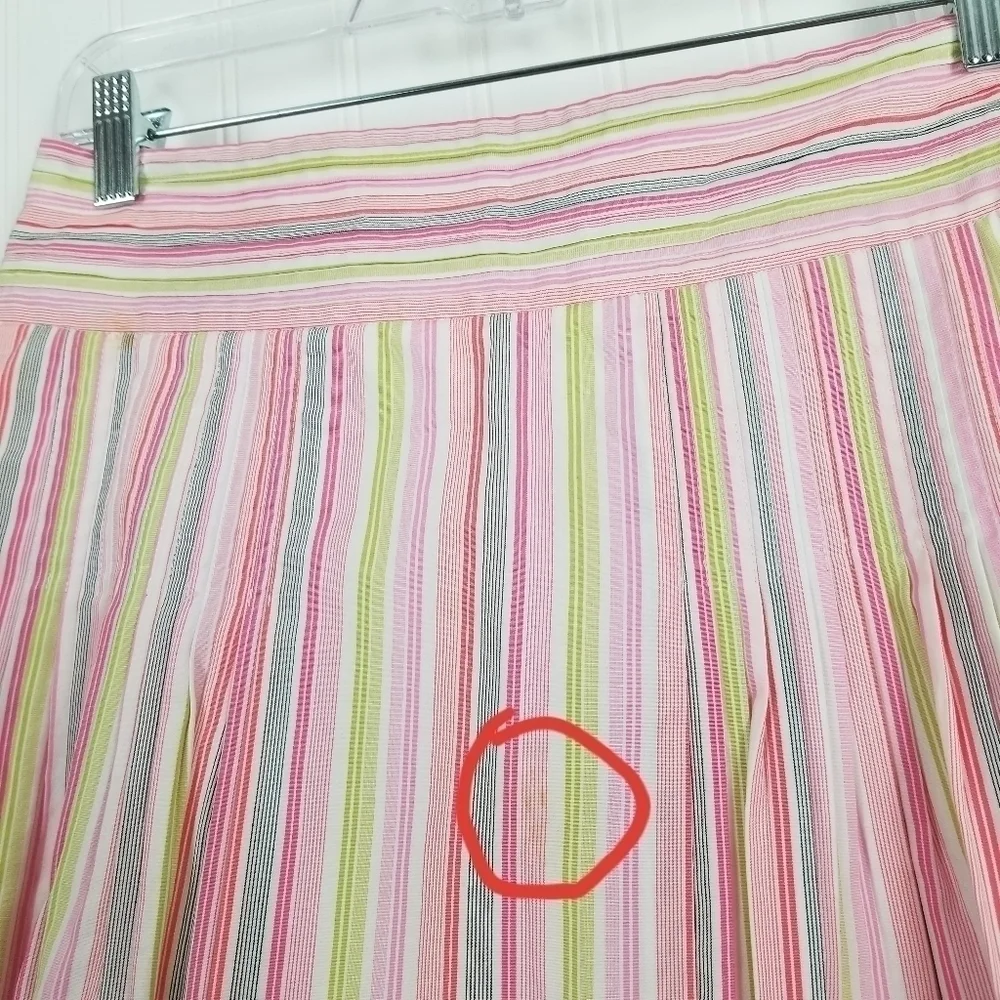 J Crew Pleated Skirt Multicolor Stripes Pink Green White Cotton Coquette Preppy